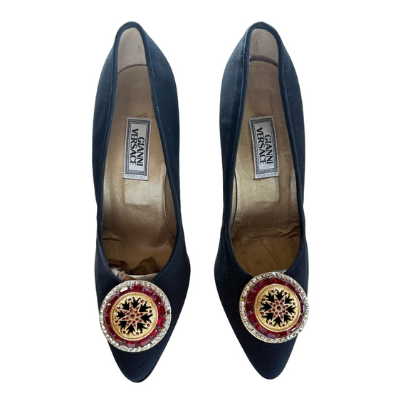 Versace Shoes - Gianni Versace Vintage Medallion Pumps Black Jewel Heels Made in Italy EU 36